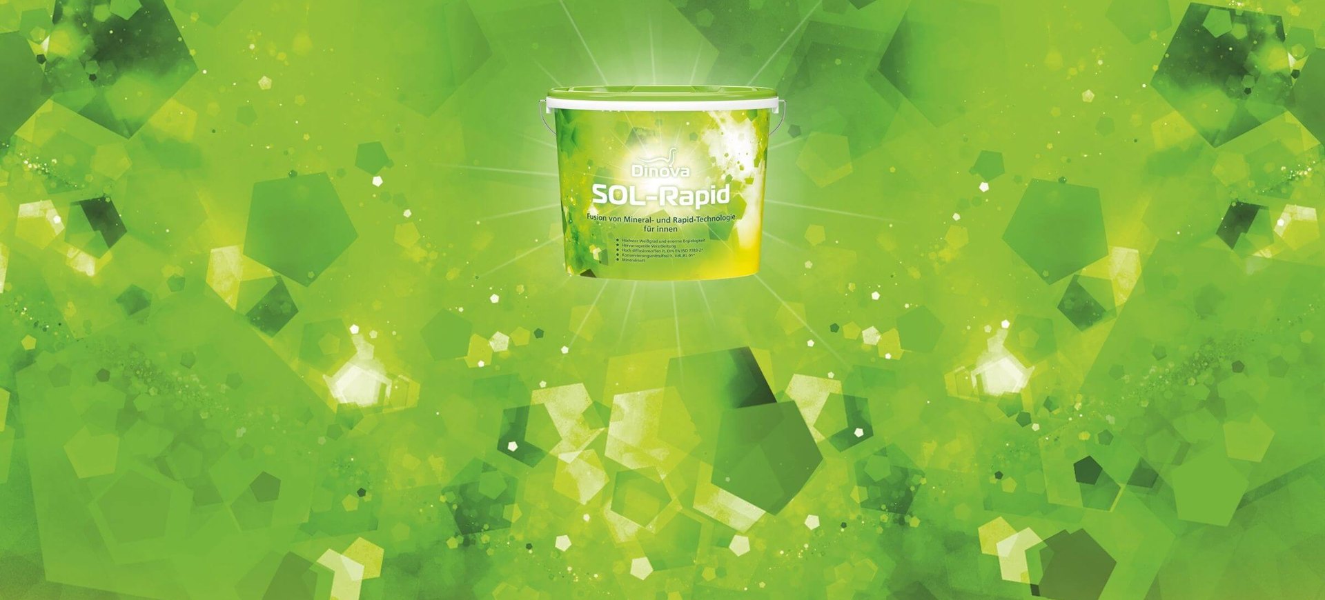 SOL-Rapid Das Packshot von der Dinova SOL-Rapid ist rechts abgebildet. Der Hintergrund ist grün und strukturiert mit geometrischen Elementen.