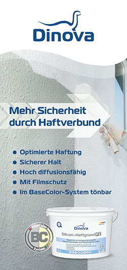 Titelseite Produktkarte Silicon-Haftgrund FZ. Im Hintergrund wird eine Fassade weiß beschichtet. Im Vordergrund ist das Gebinde abgebildet.